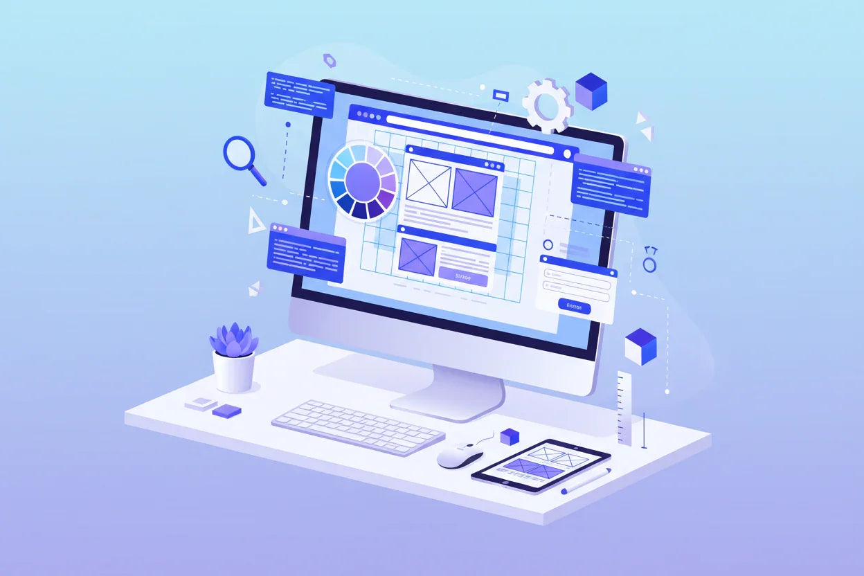 Illustration of building a website with computer, wireframes, and digital tools for AI search optimization.