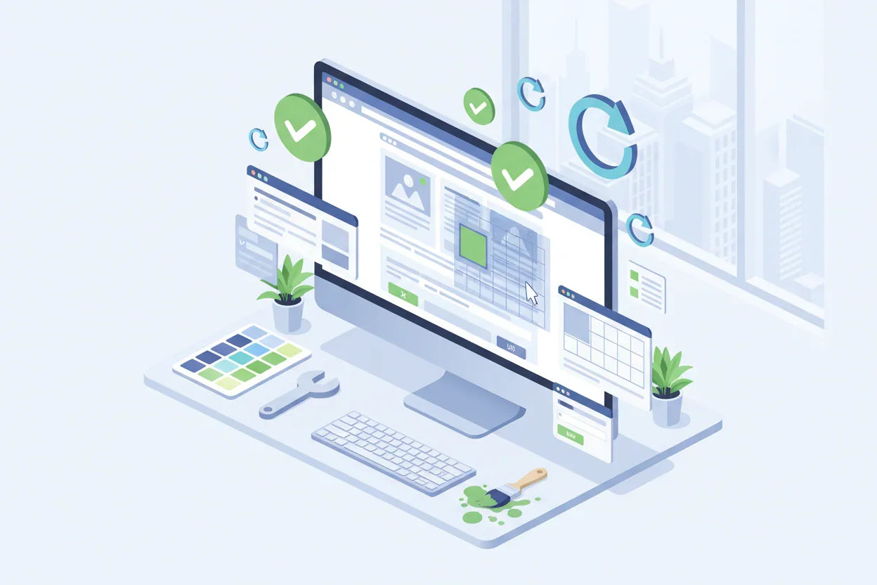 Website optimization illustration with computer, tool icons, and update checkmarks